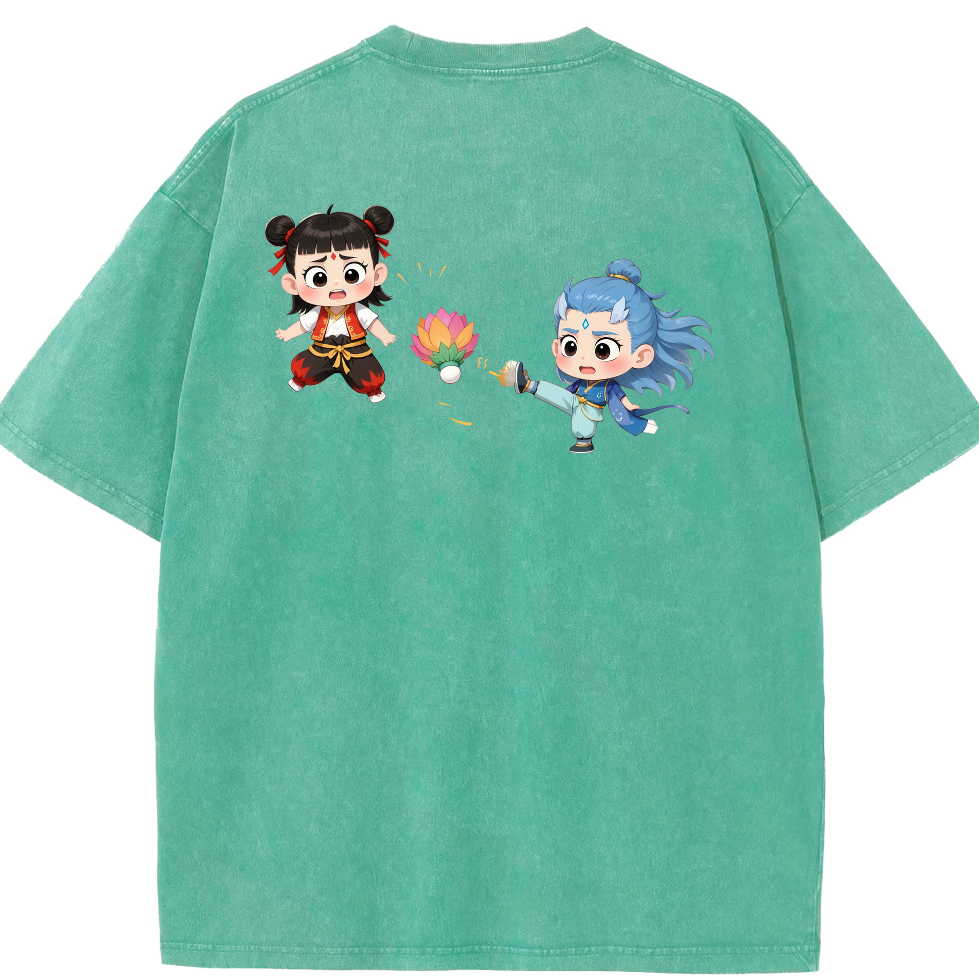（画像用） Ne Zha 2 ナタ 魔童の大暴れ 綿100% ヴィンテージ風 半袖Tシャツ（背面プリント）